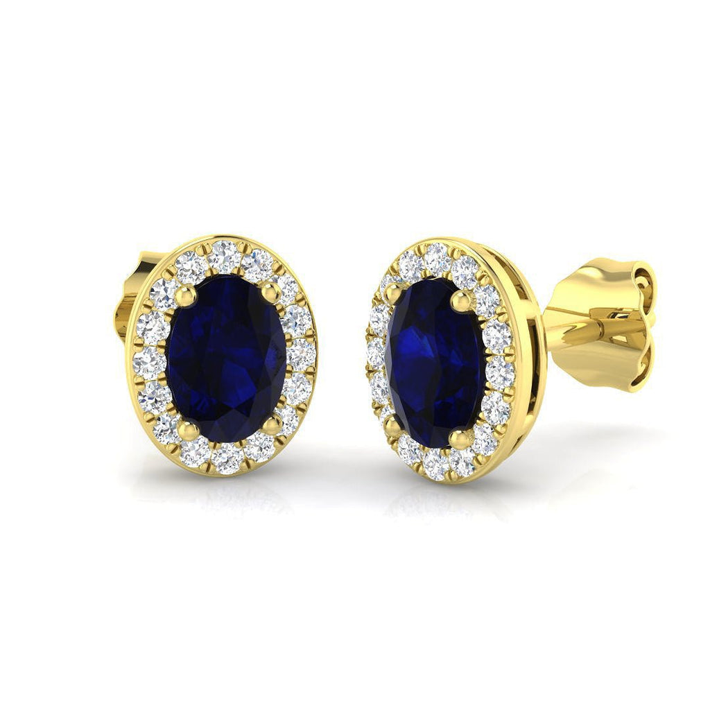 0.90ct Blue Sapphire & Diamond Oval Cluster Earrings 18k Yellow Gold - All Diamond