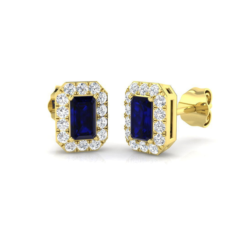 0.90ct Sapphire & Diamond Rectangle Cluster Earrings 18k Yellow Gold - All Diamond