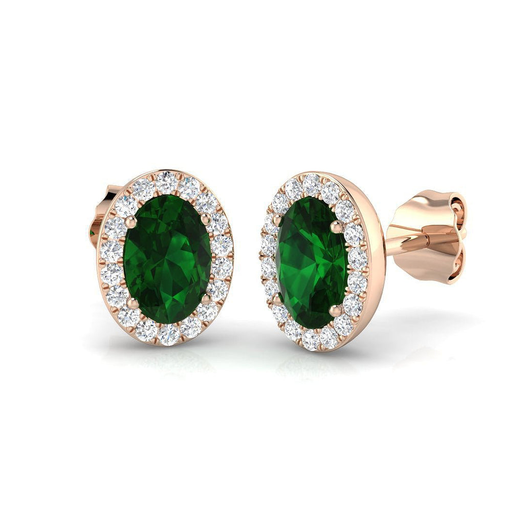 1.00ct Emerald & Diamond Oval Cluster Earrings 18k Rose Gold - All Diamond