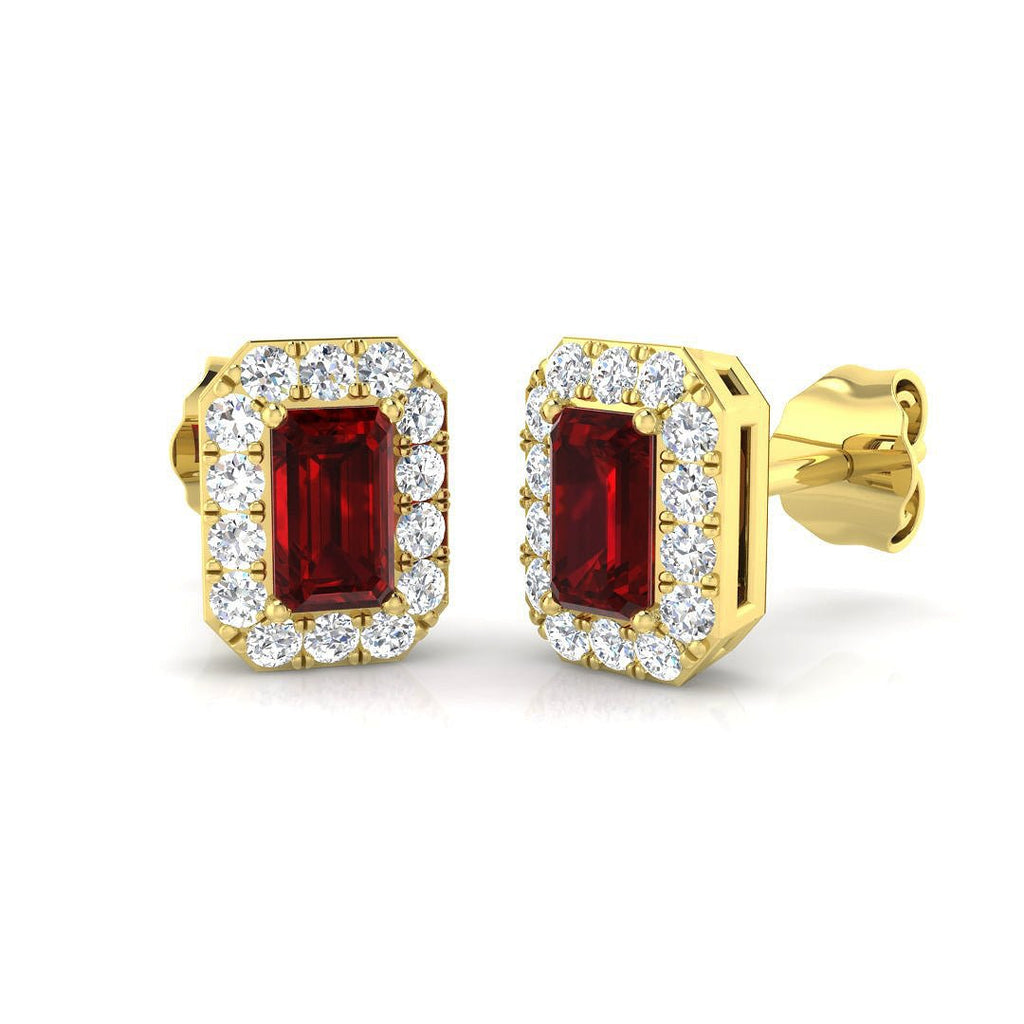 1.00ct Ruby & Diamond Rectangle Cluster Earrings 18k Yellow Gold - All Diamond