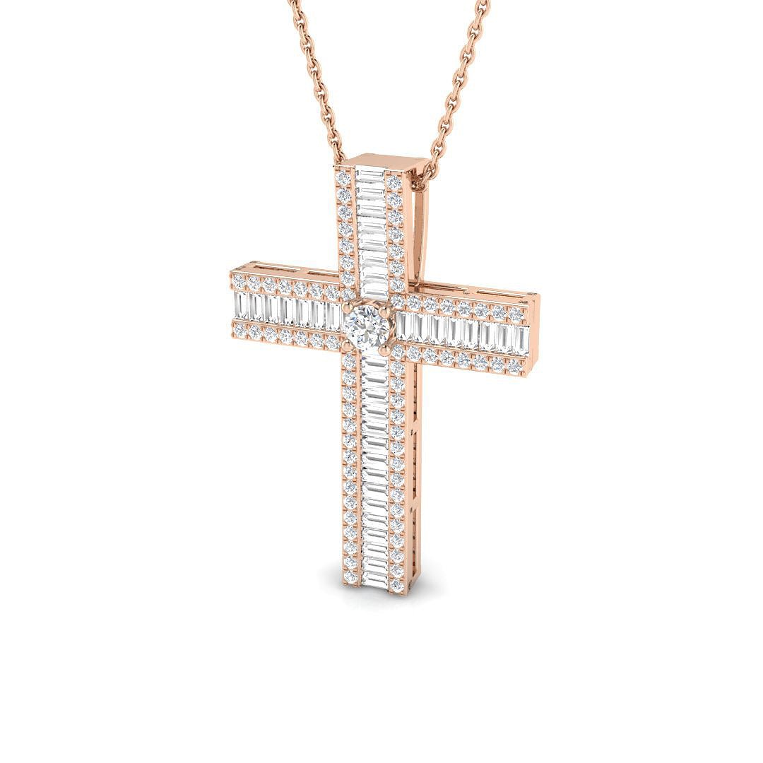 1.10ct Baguette & Round Diamond Cross in 9k Rose Gold - All Diamond