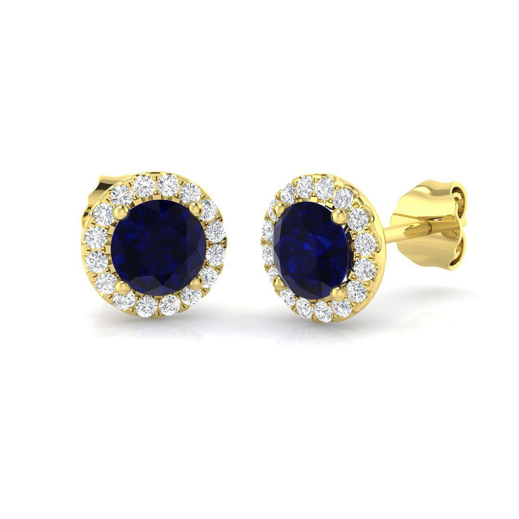 1.20ct Blue Sapphire & Diamond Round Cluster Earrings 18k Yellow Gold - All Diamond