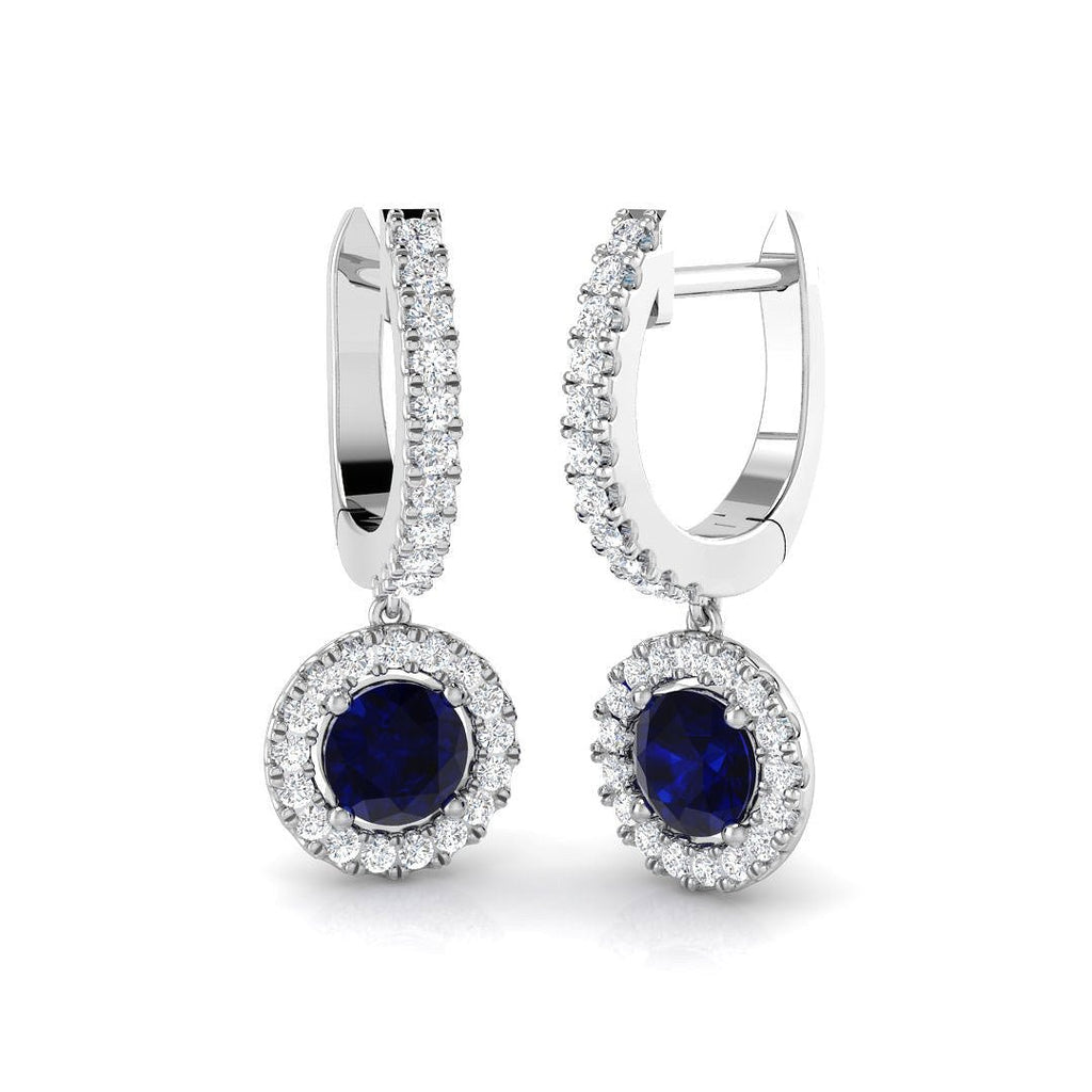 1.30ct Blue Sapphire & Diamond Drop Earrings in 18k White Gold - All Diamond