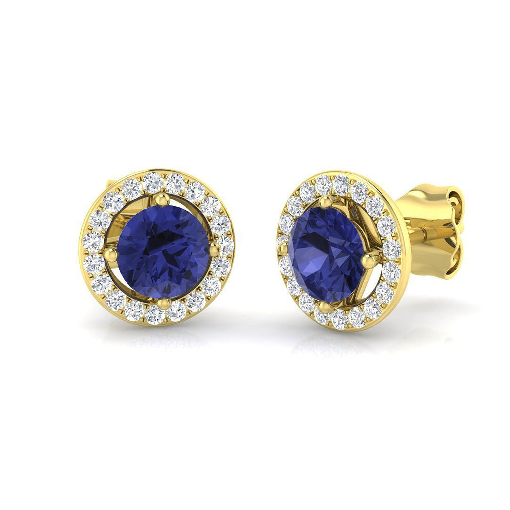 1.35ct Tanzanite & Diamond Round Cluster Earrings 18k Yellow Gold - All Diamond