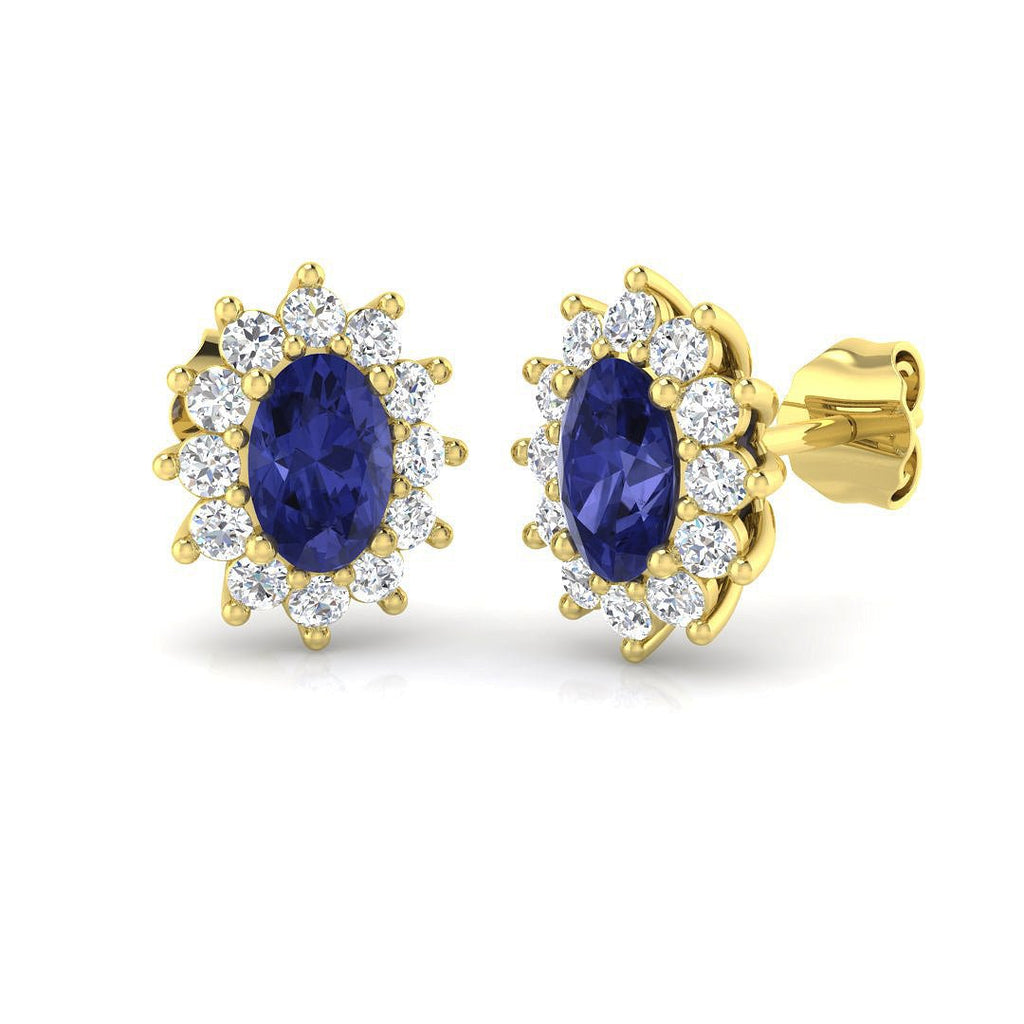 1.45ct Tanzanite & Diamond Oval Cluster Earrings 18k Yellow Gold - All Diamond