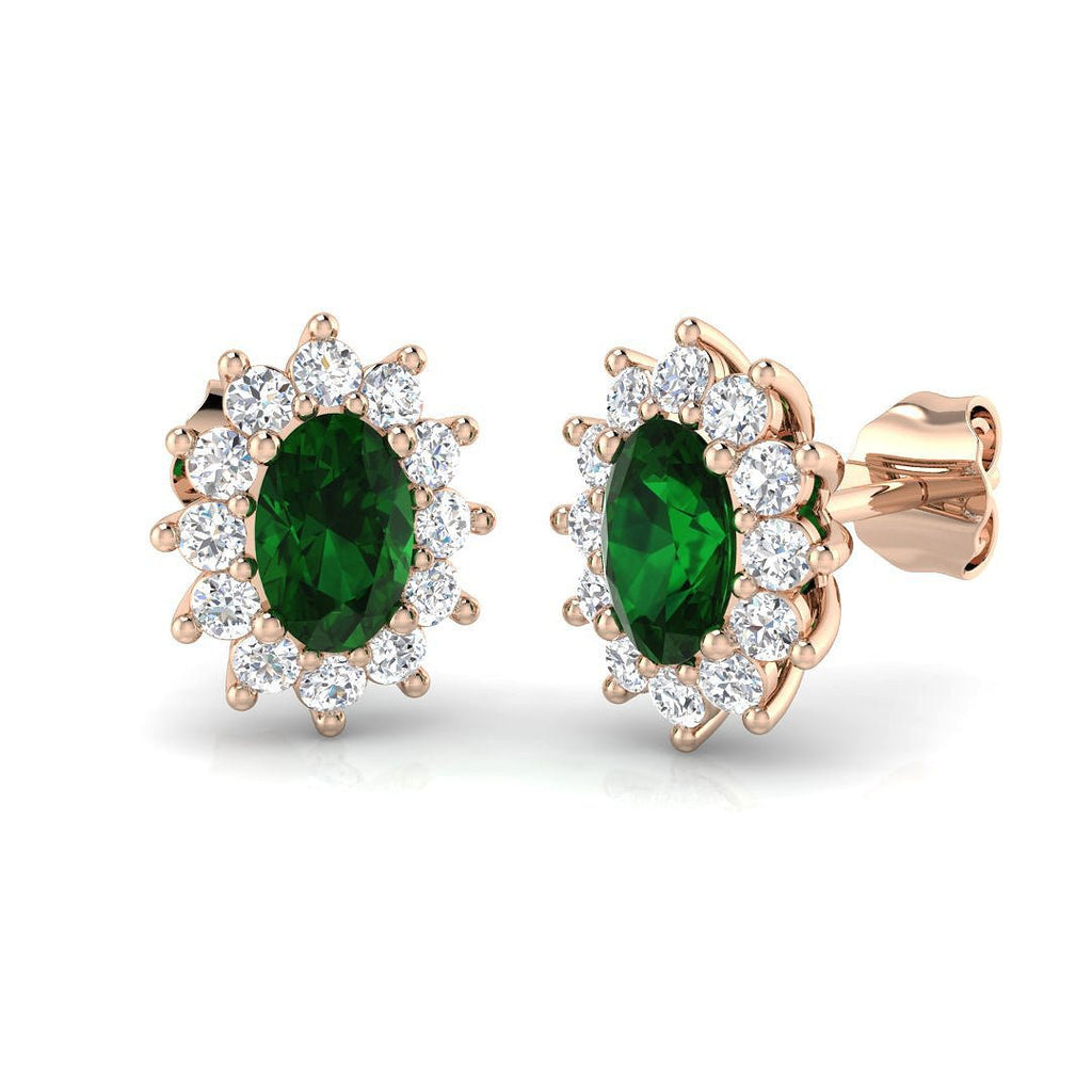 1.50ct Emerald & Diamond Oval Cluster Earrings 18k Rose Gold - All Diamond