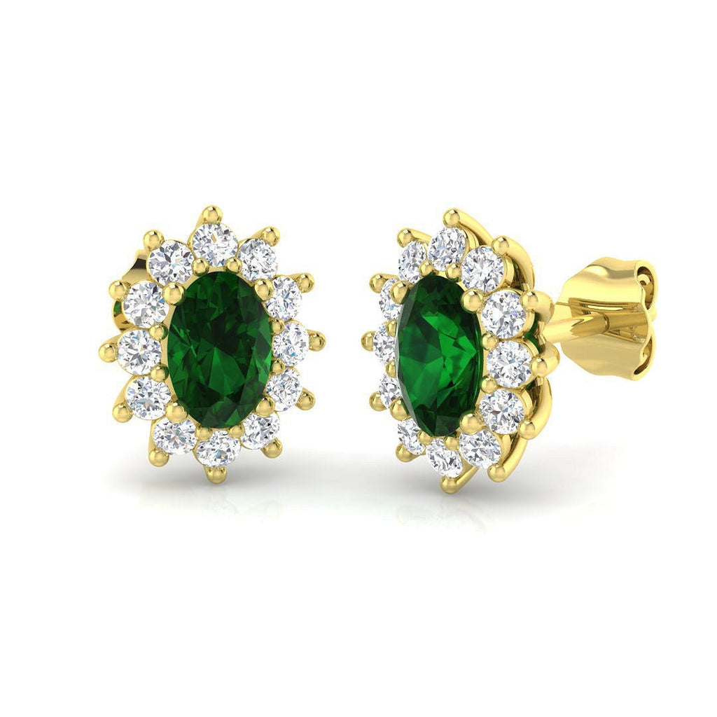 1.50ct Emerald & Diamond Oval Cluster Earrings 18k Yellow Gold - All Diamond