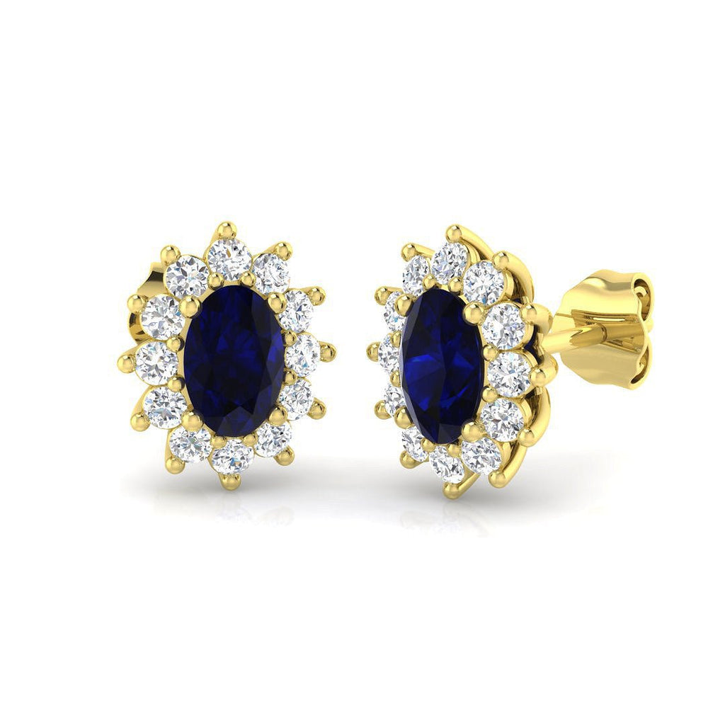 1.60ct Blue Sapphire & Diamond Oval Cluster Earrings 18k Yellow Gold - All Diamond