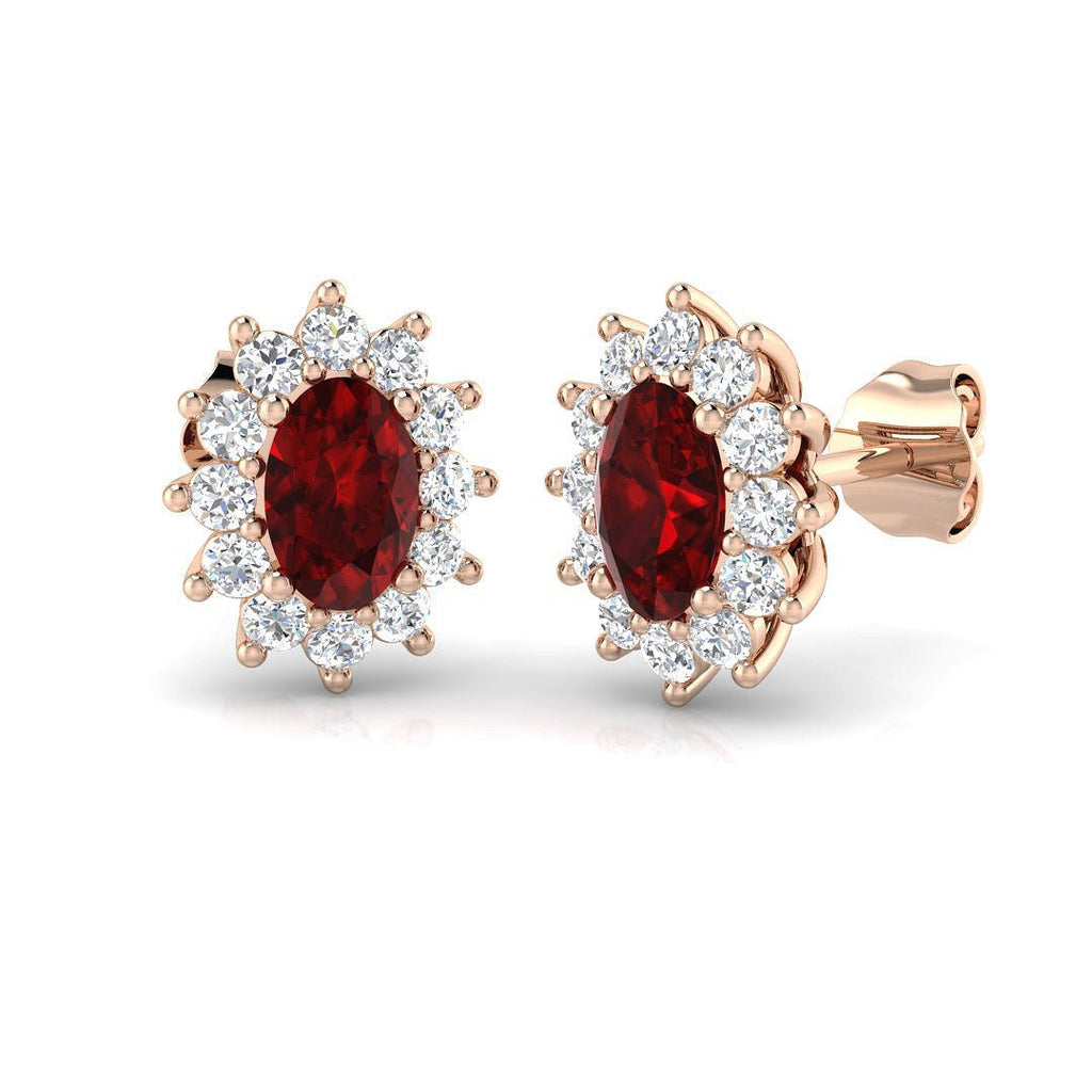 1.60ct Ruby & Diamond Oval Cluster Earrings 18k Rose Gold - All Diamond