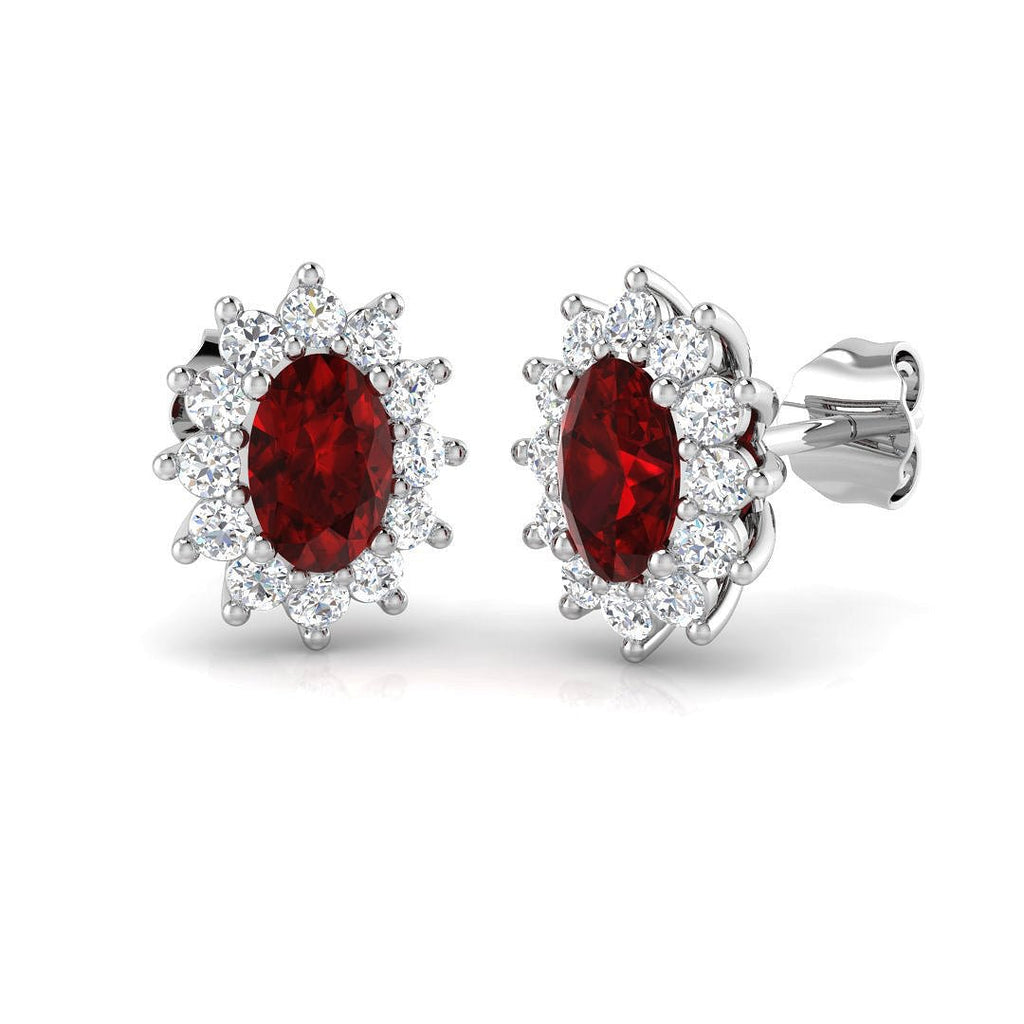 1.60ct Ruby & Diamond Oval Cluster Earrings 18k White Gold - All Diamond