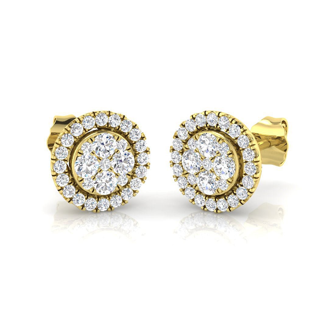 18k Yellow Gold Circle Diamond Cluster Halo Earrings 0.70ct In G/SI Quality - All Diamond