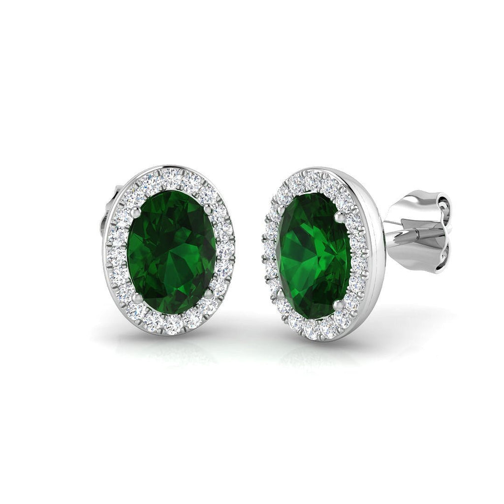 1.90ct Emerald & Diamond Oval Cluster Earrings 18k White Gold - All Diamond
