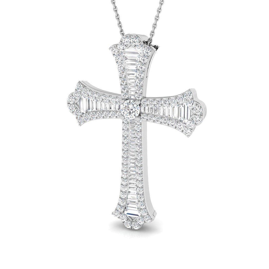 2.00ct Baguette and Round Cut Claw Set Diamond Cross in 18k White Gold - All Diamond