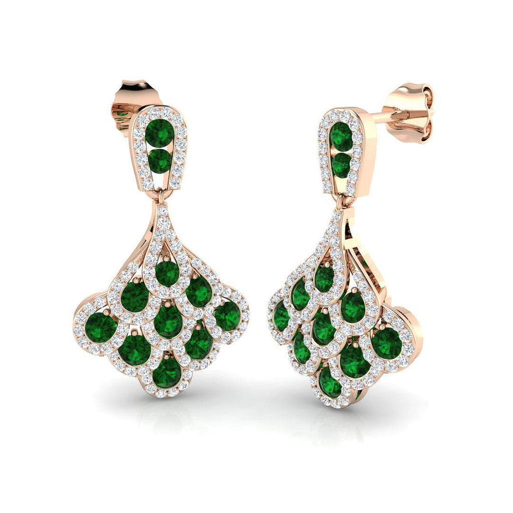 2.00ct Emerald & Diamond Drop Earrings in 18k Rose Gold - All Diamond