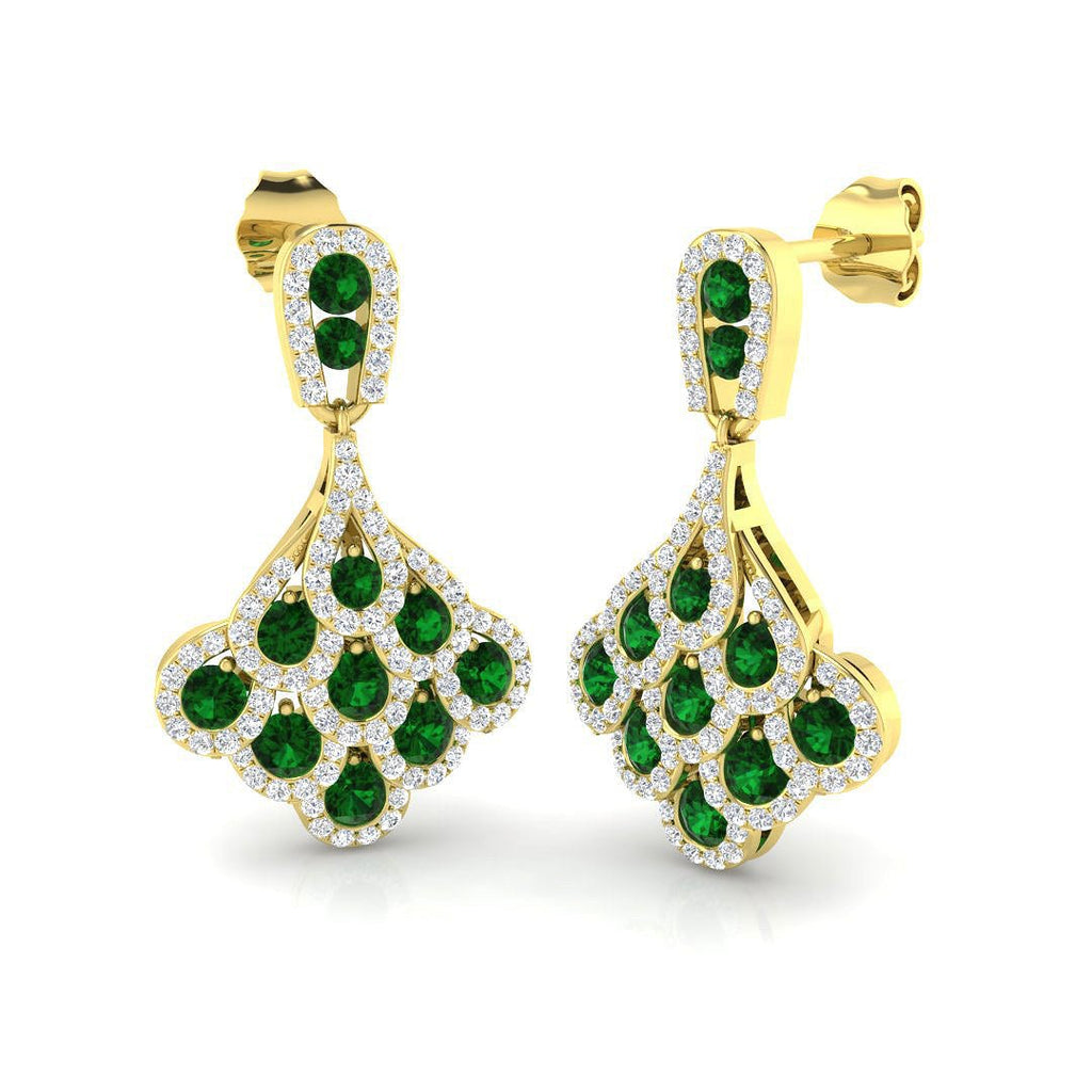 2.00ct Emerald & Diamond Drop Earrings in 18k Yellow Gold - All Diamond