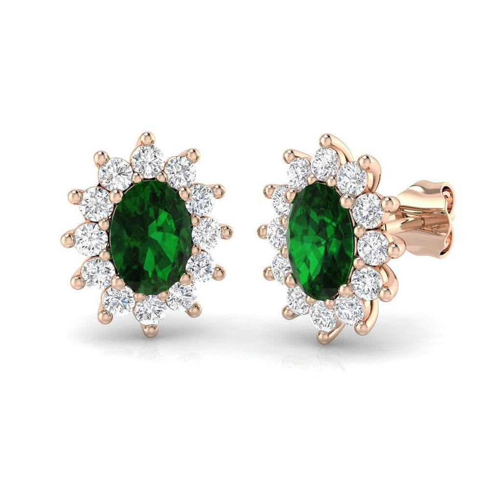 2.00ct Emerald & Diamond Oval Cluster Earrings 18k Rose Gold - All Diamond