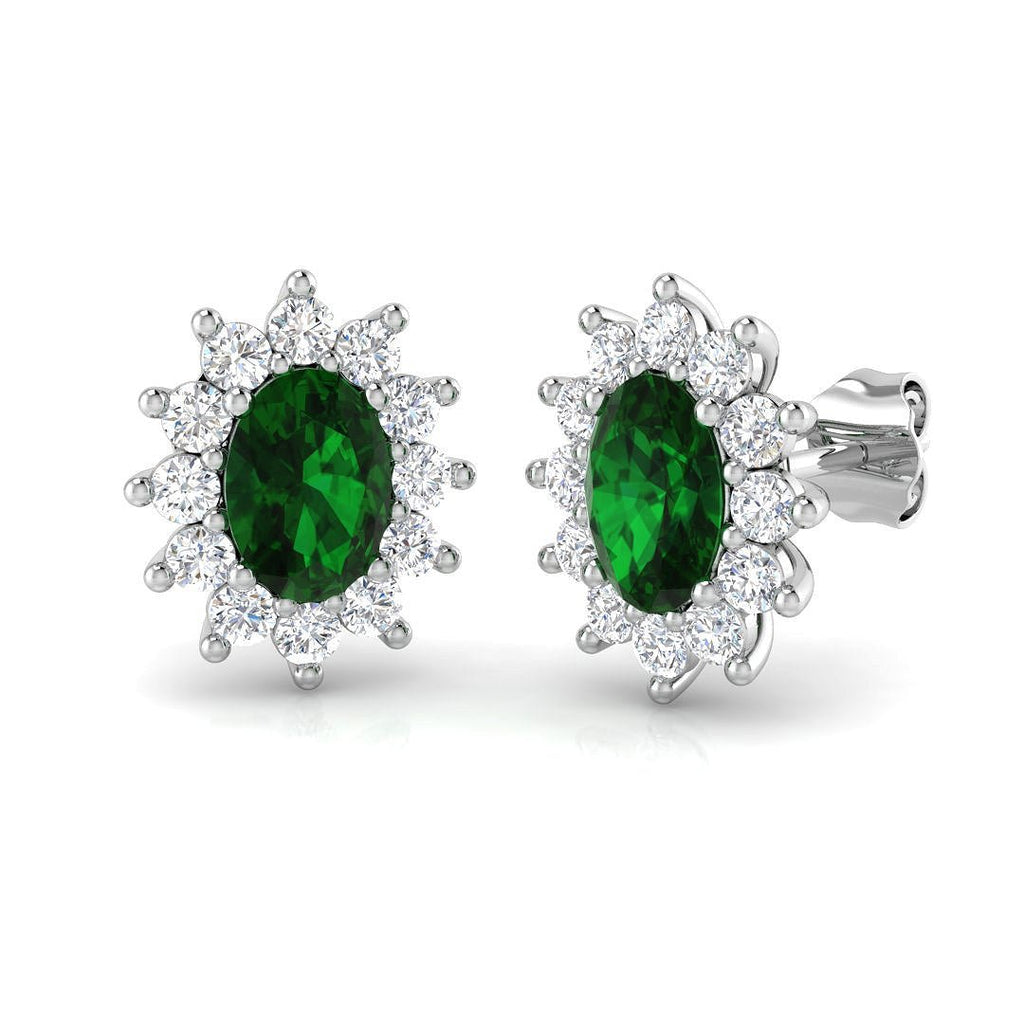 2.00ct Emerald & Diamond Oval Cluster Earrings 18k White Gold - All Diamond