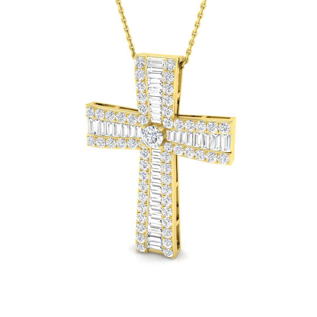 2.30ct Baguette & Round Cut Claw Set Diamond Cross in 18k Yellow Gold - All Diamond