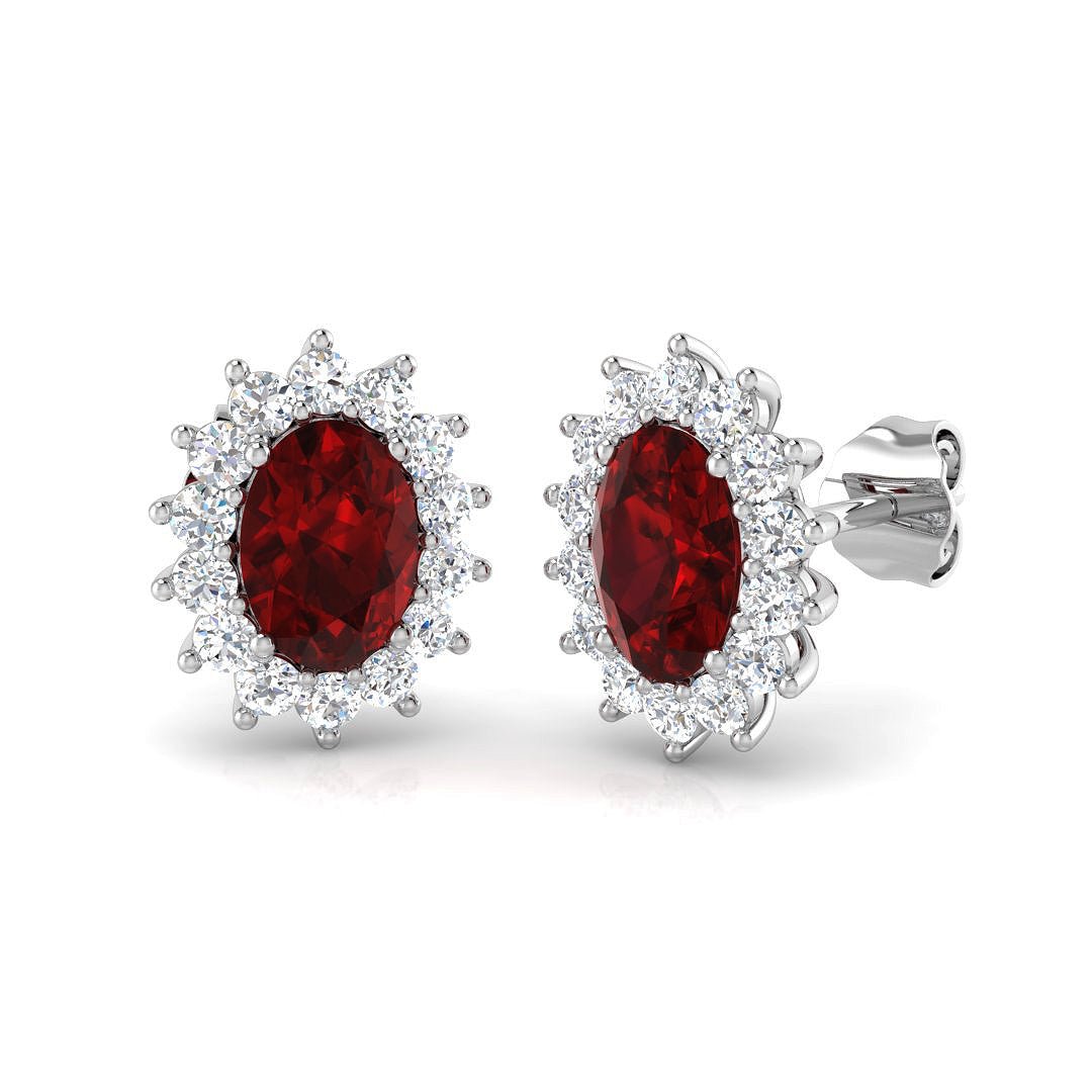 2.55ct Ruby & Diamond Oval Cluster Earrings 18k White Gold - All Diamond