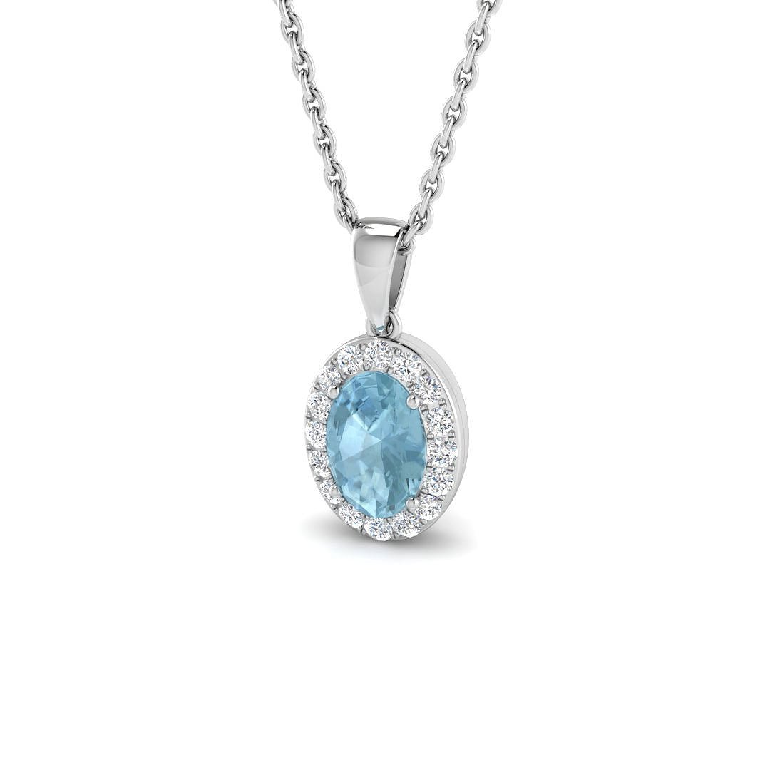 Aquamarine 0.45ct Oval with Diamond Pendant Necklace in 9k White Gold - All Diamond