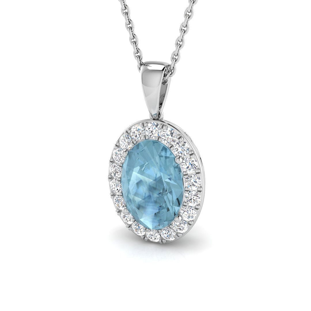Aquamarine 2.00ct Oval with Diamond Pendant Necklace in 9k White Gold - All Diamond