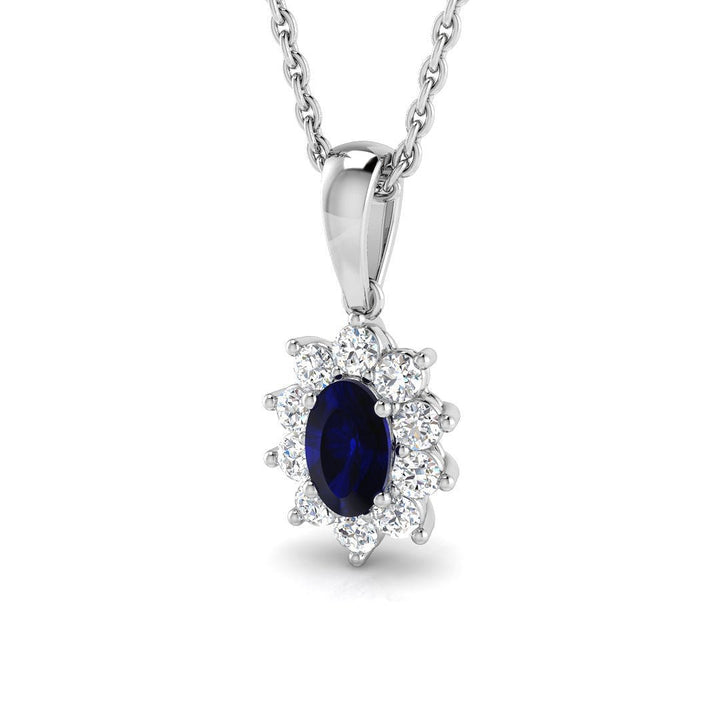 Blue Sapphire 0.30ct Oval with Diamond Cluster Pendant Necklace in 9k White Gold