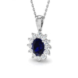 Blue Sapphire 1.00ct Oval with Diamond Cluster Pendant Necklace in 9k White Gold - All Diamond