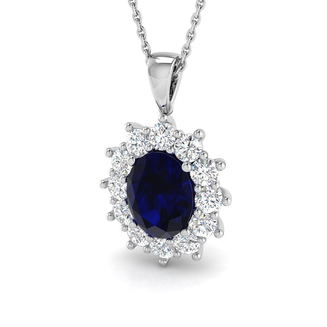Oval blue sapphire and natural diamond cluster pendant in 18k white gold