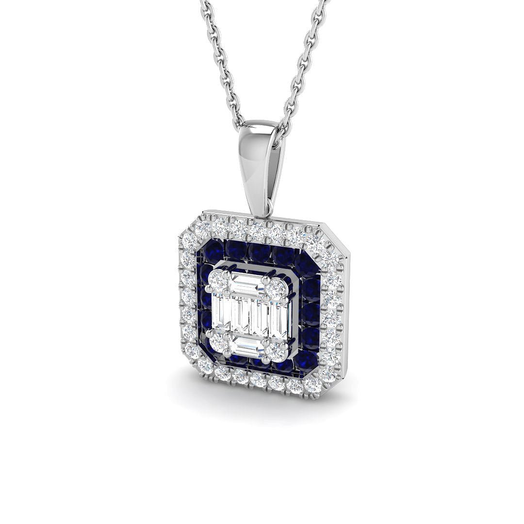Blue Sapphire and Diamond Cluster Pendant Necklace 0.90ct in 9k White Gold - All Diamond
