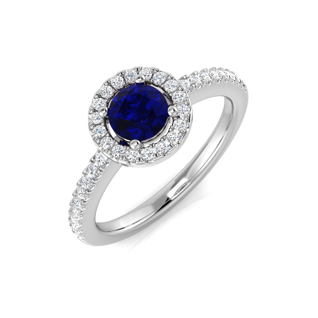 Blue Sapphire & Diamond 0.80ct Halo Ring in 18k White Gold - All Diamond