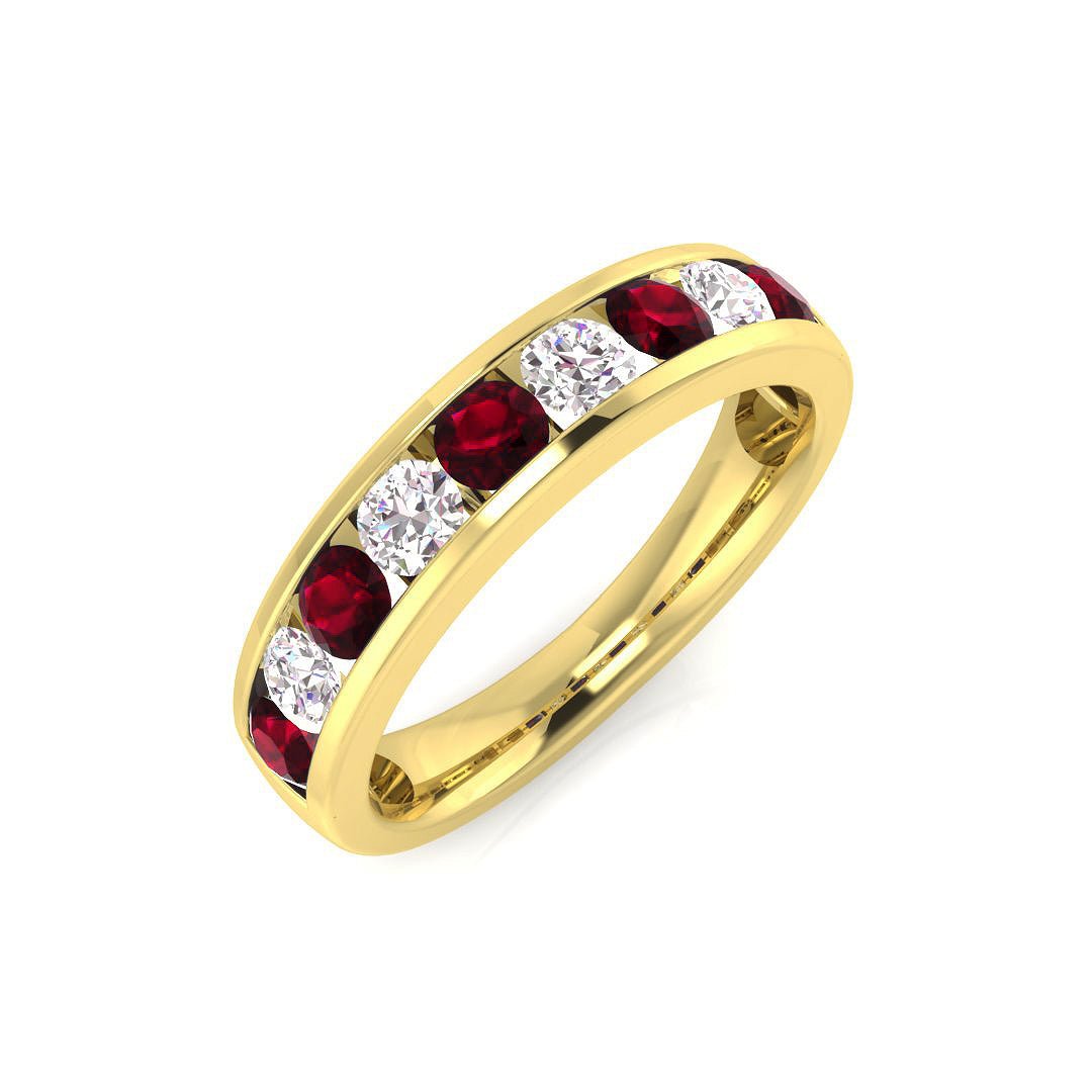 Channel Ruby & Diamond Half Eternity Ring 0.90ct 18k Yellow Gold - All Diamond