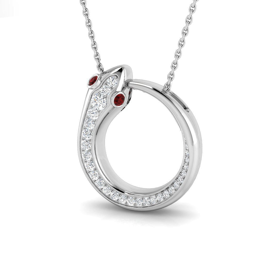 Diamond and Ruby Snake Pendant Necklace 0.30ct in 9k White Gold - All Diamond