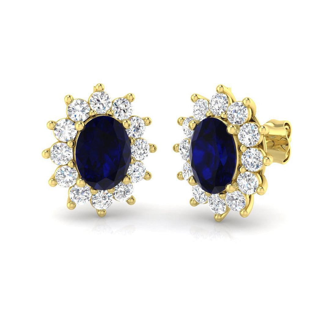 Diamond & Blue Sapphire Oval Cluster Earrings 3.60ct 18k Yellow Gold - All Diamond