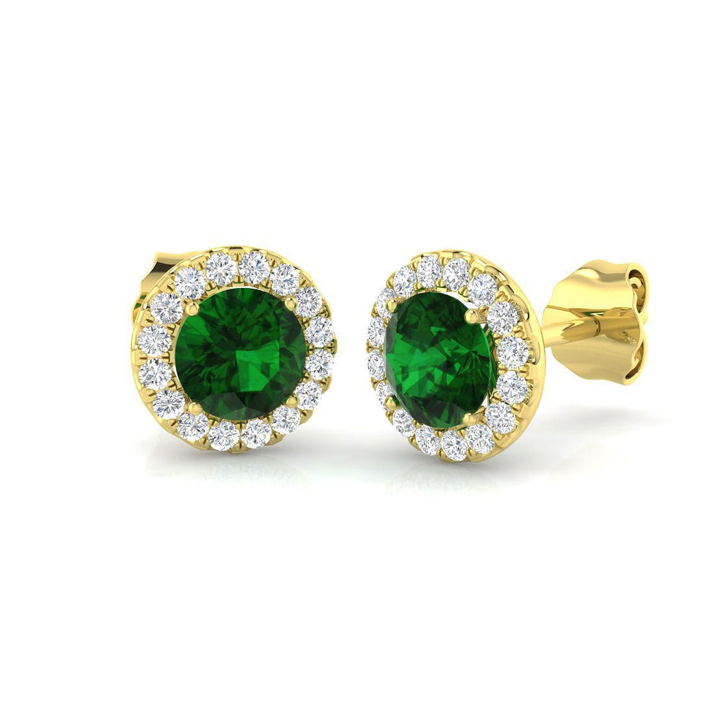 Diamond Halo Emerald Earrings 1.30ct Set in 9k Yellow Gold - All Diamond
