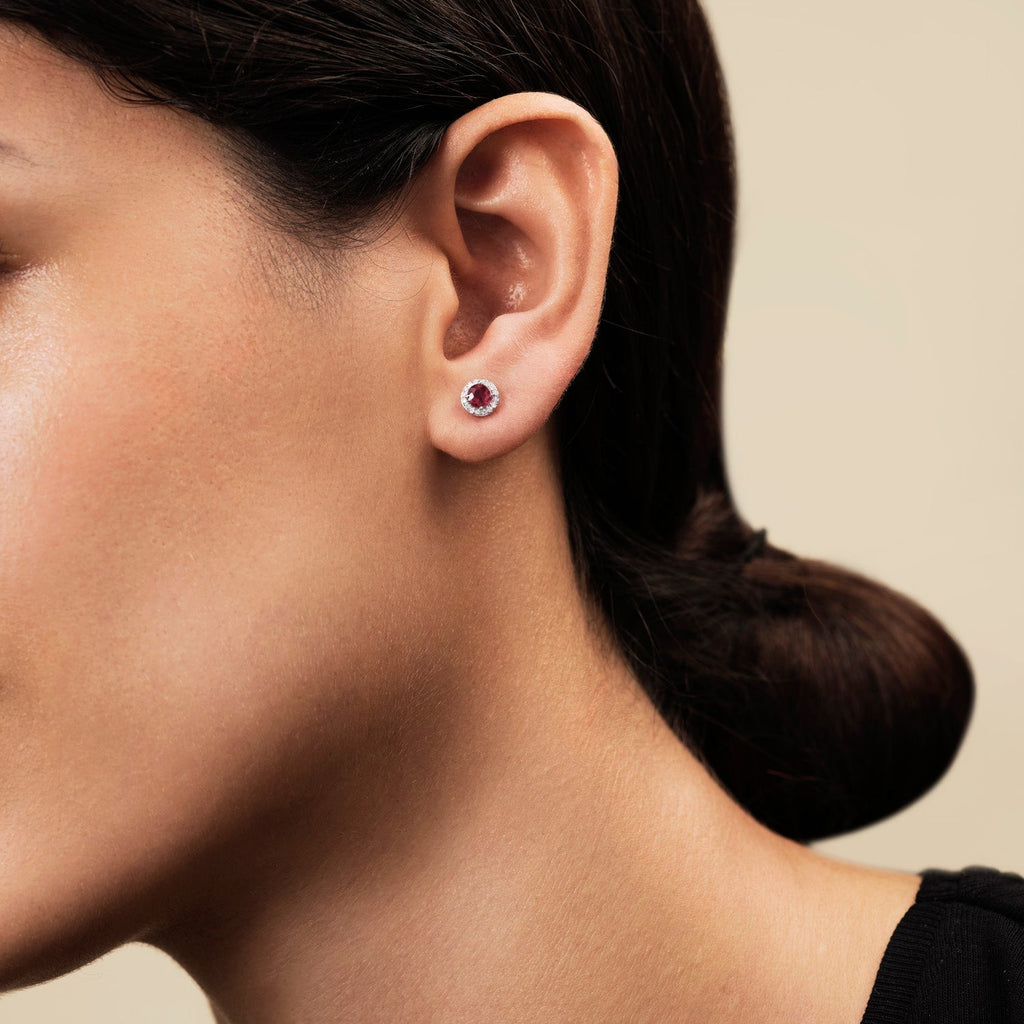 Diamond Halo Ruby Earrings 1.15ct Set in 9k Rose Gold - All Diamond