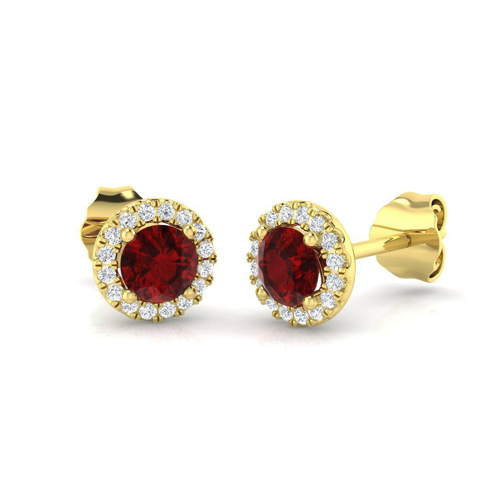 Diamond Halo Ruby Earrings 1.15ct Set in 9k Yellow Gold - All Diamond