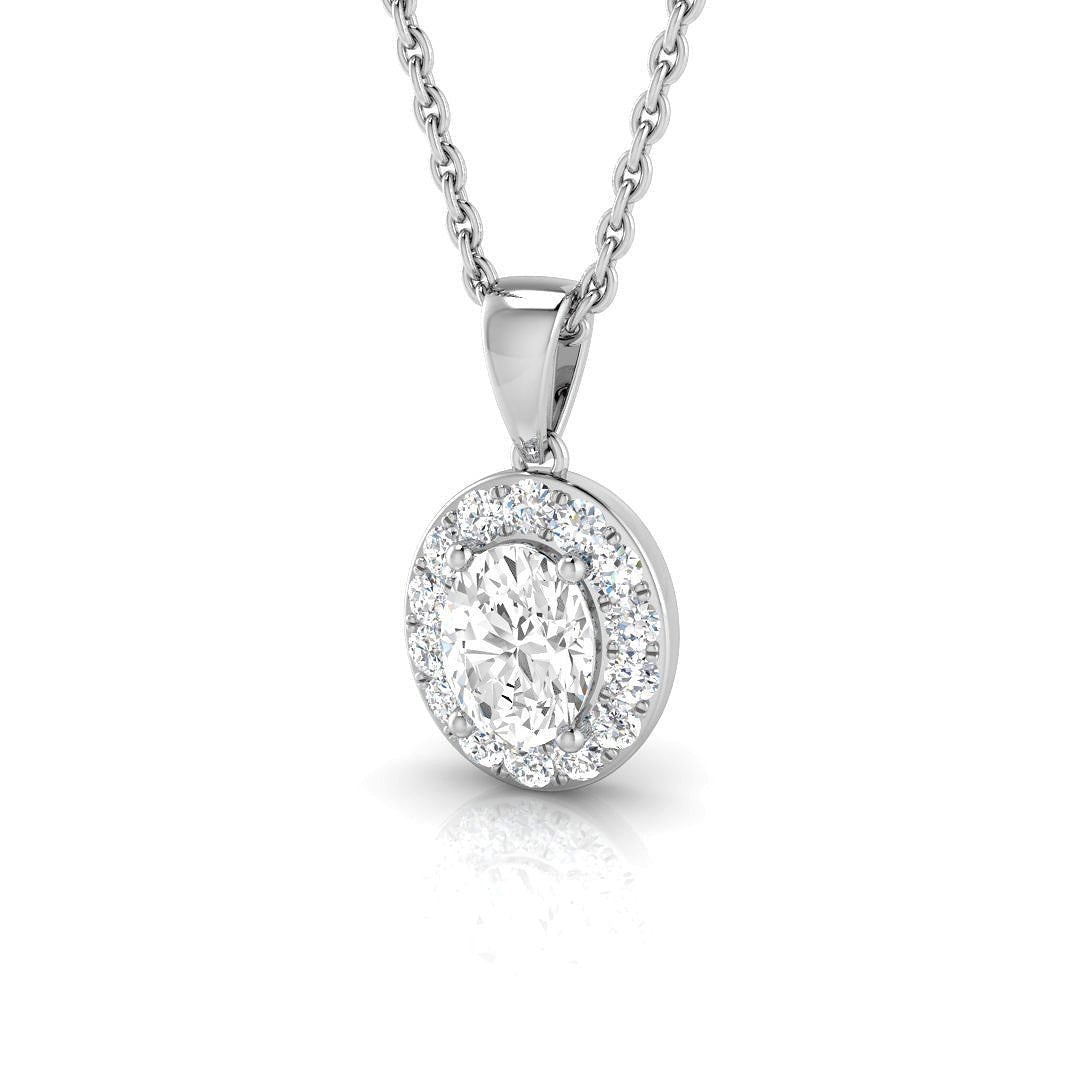 Diamond Oval Halo Pendant Necklace 0.70ct G/SI 9k White Gold - All Diamond