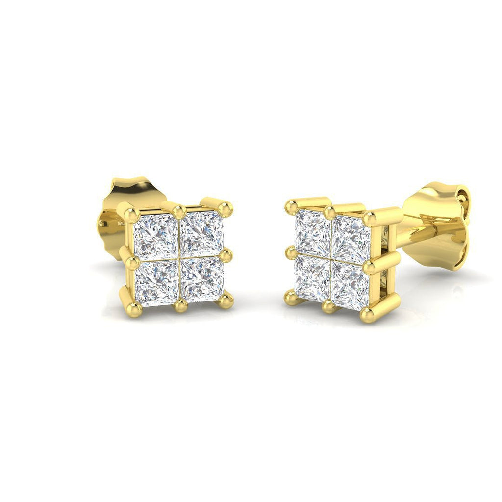 Diamond Princess Square Earrings 0.60ct G/SI Quality 18k Yellow Gold - All Diamond