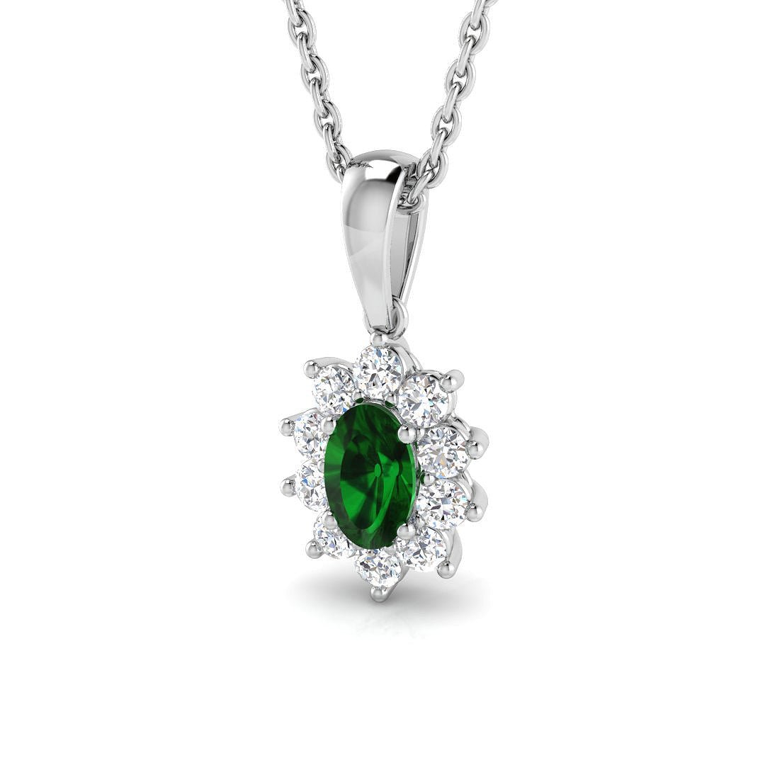 Emerald 0.30ct Oval with Diamond Pendant Necklace in 9k White Gold - All Diamond