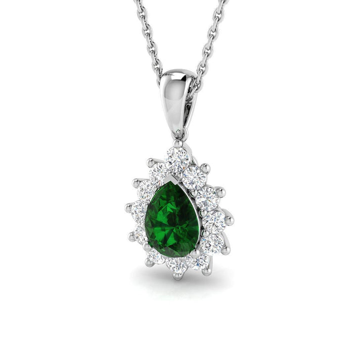 Emerald 0.55ct Pear with Diamond Pendant Necklace in 9k White Gold