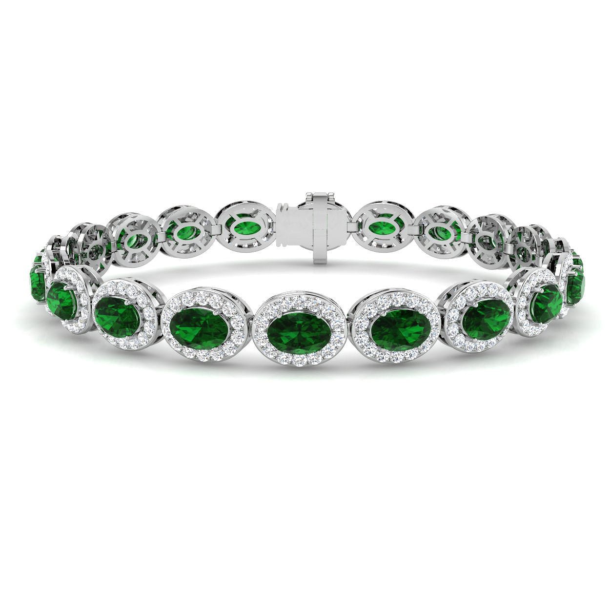 Emerald & Diamond Halo Bracelet 12.00ct in 18k White Gold - All Diamond