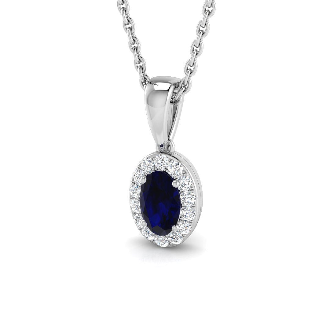 Halo Blue Sapphire 0.30ct with Diamond Necklace in 9k White Gold - All Diamond