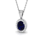 Halo Blue Sapphire 0.75ct with Diamond Necklace in 9k White Gold - All Diamond