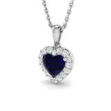 Halo Blue Sapphire Heart Cut 0.55ct and Diamond Necklace in 9k White Gold - All Diamond