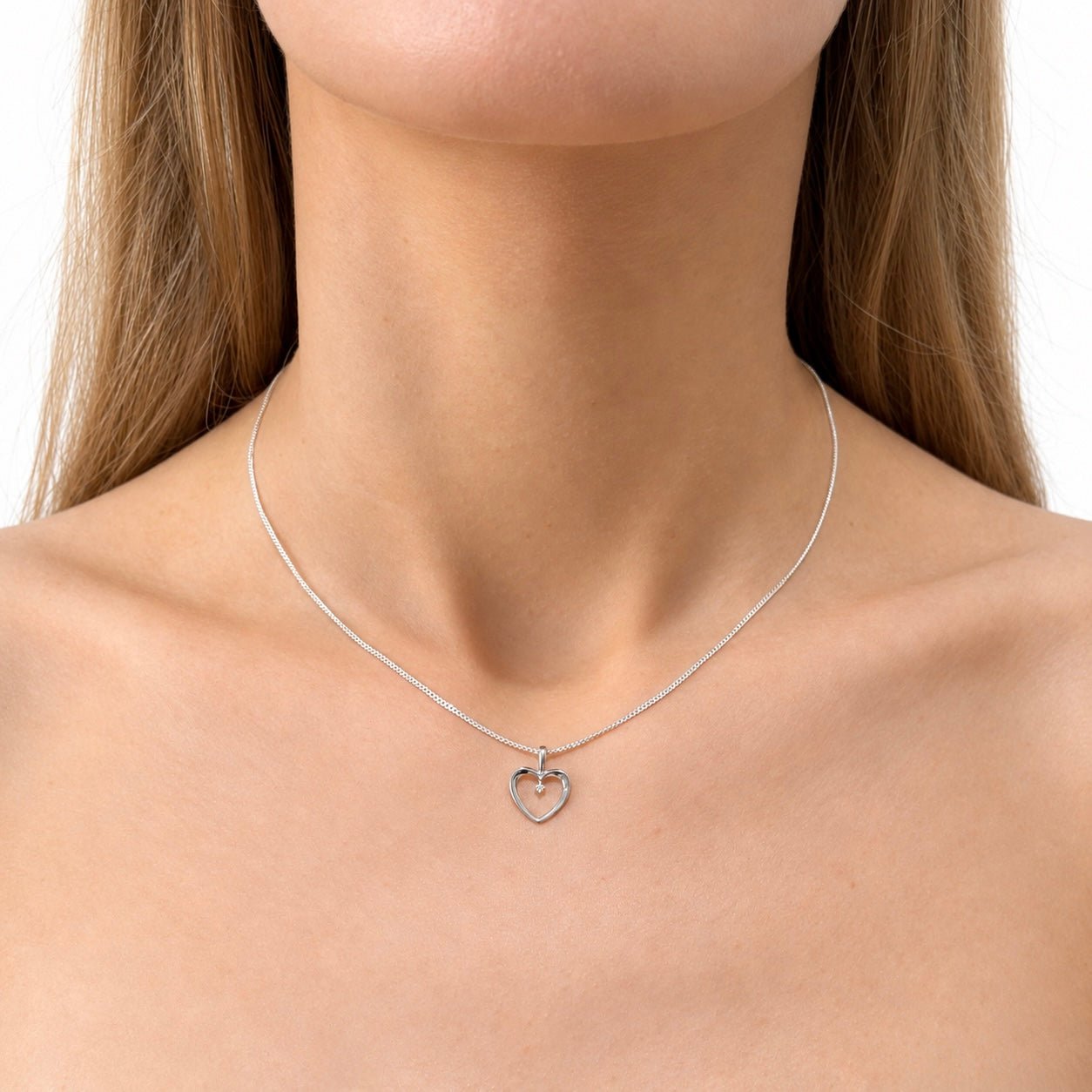 Heart Pendant Necklace 0.02ct Diamond 9K White Gold - All Diamond
