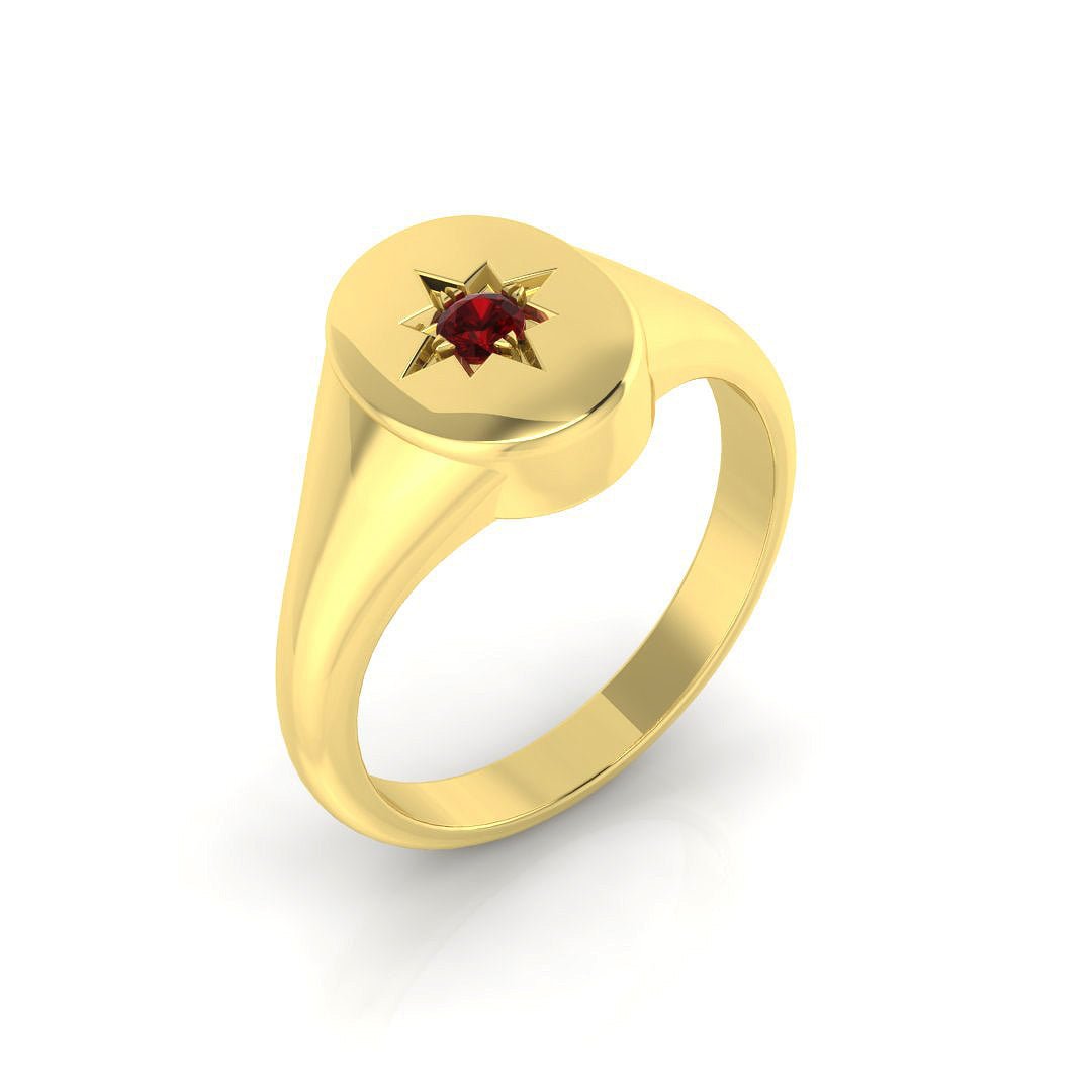 Mens Single Ruby Signet Ring 0.09ct in 9k Yellow Gold - All Diamond