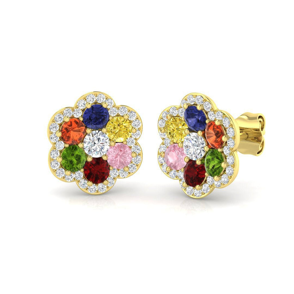 Multi Sapphire and Diamond Flower Earrings 2.00ct in 9k Yellow Gold - All Diamond