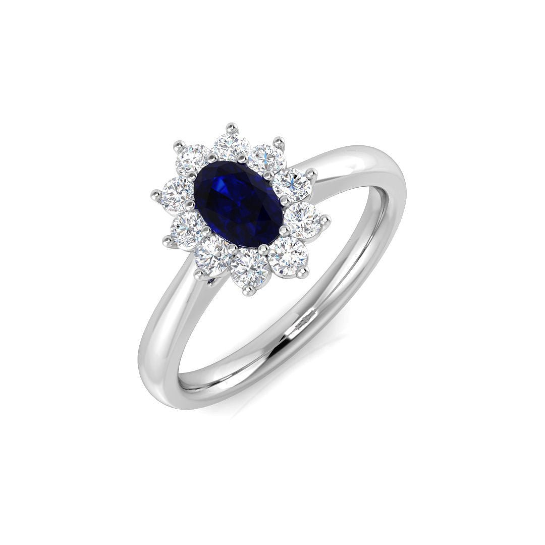 Oval 0.50ct Blue Sapphire 0.30ct Diamond Cluster Ring 18k White Gold - All Diamond