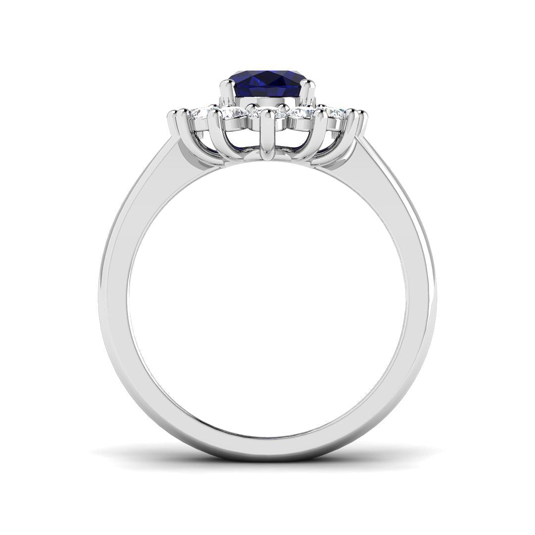 Oval 1.50ct Blue Sapphire 0.50ct Diamond Cluster Ring 18k White Gold - All Diamond