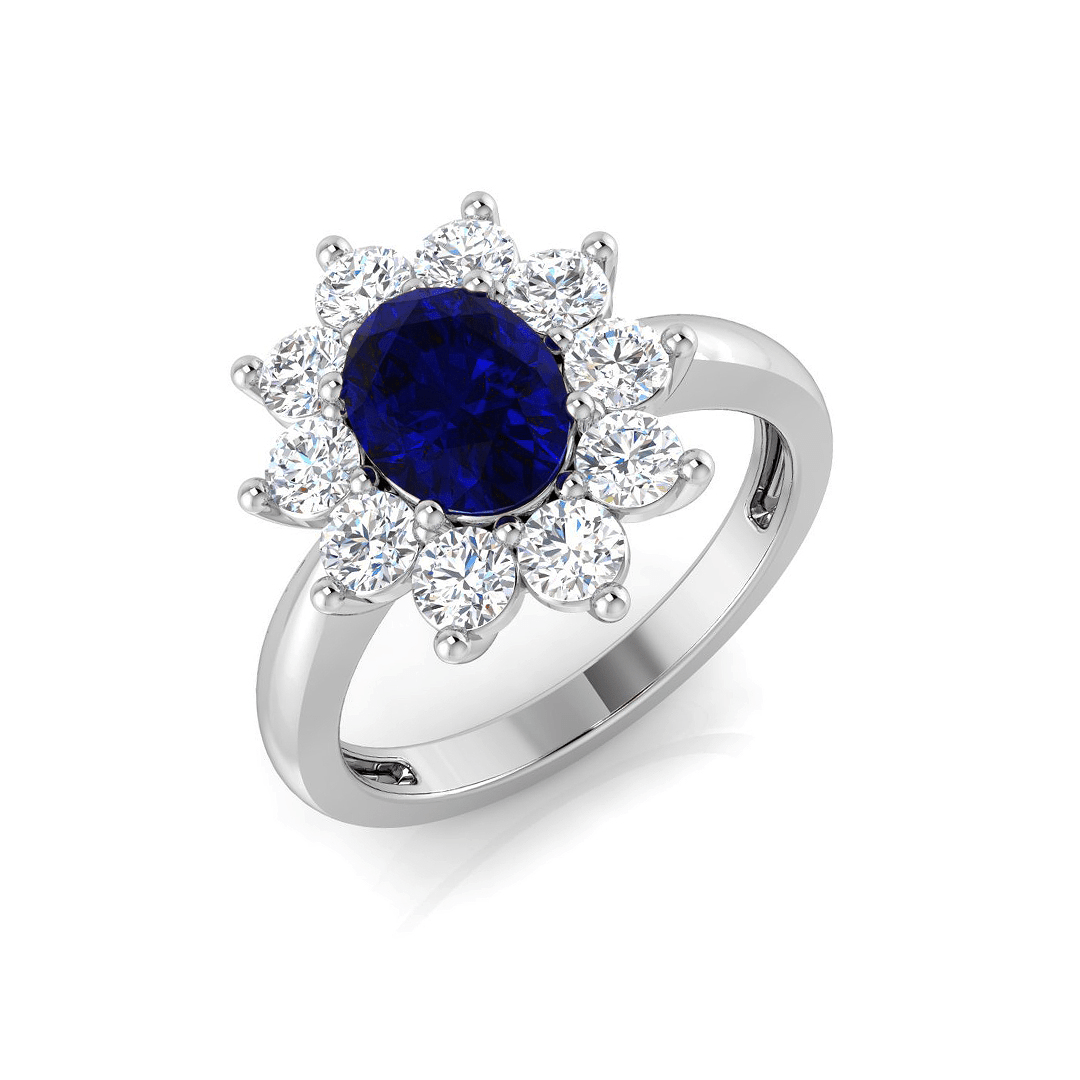 Oval 1.50ct Blue Sapphire 1.00ct Diamond Cluster Ring 18k White Gold - All Diamond